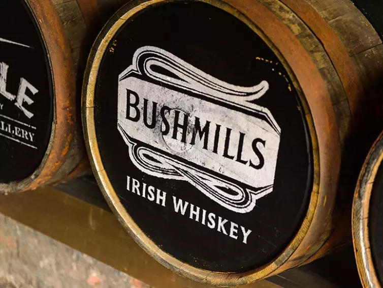 Whiskey barrel with Bushmills logo.