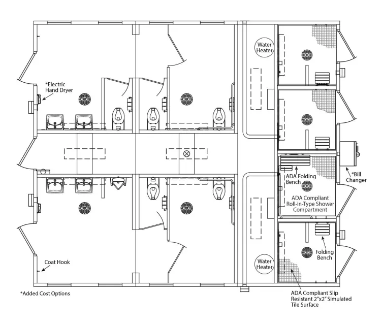 Cheyenne multiuser restroom with showers floorplan.