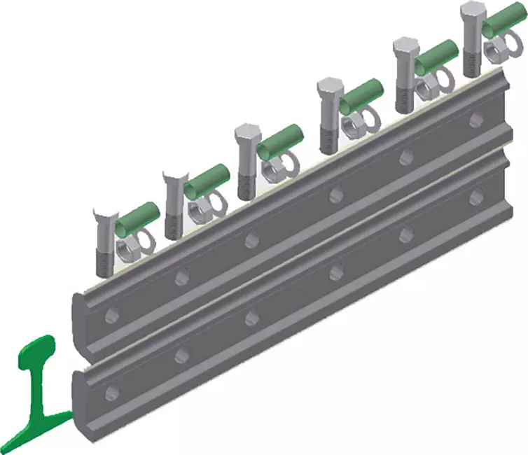 Bonded Insulated Joint Kit shown with bolts, nuts, two bars, and end posts.