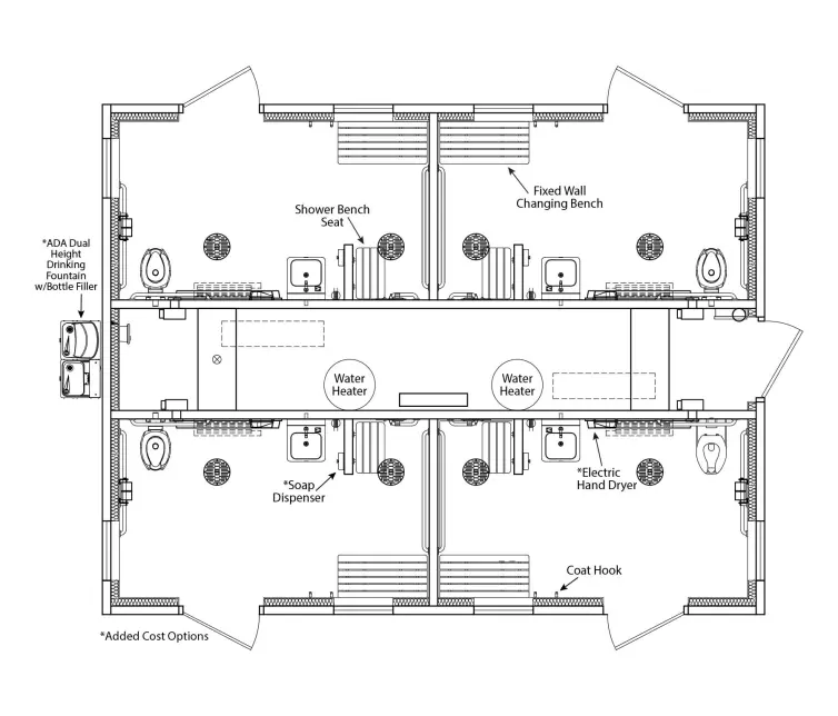 Navajo concrete restroom with shower floorplan.