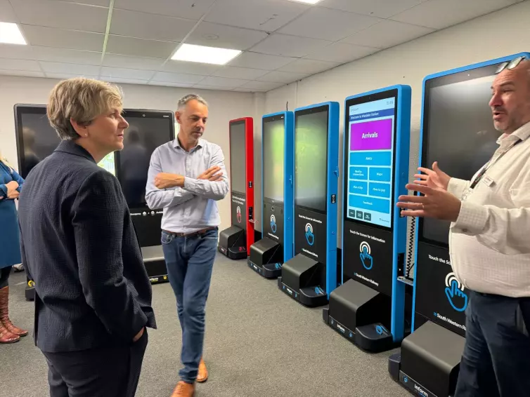 David Clarke, Director of Sales & Marketing, Technology Services and Solutions, L.B. Foster, and Dagan Bradbury, Head of Inform, L.B. Foster, showing Lilian Greenwood, Nottingham South Member of Parliament, L.B. Foster's Inform Totems.