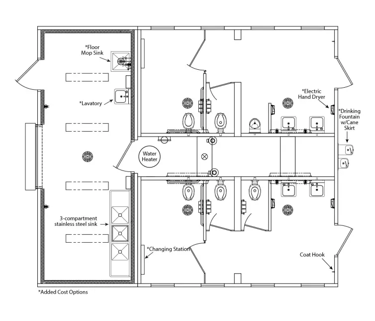 Pomona concrete multiuser restrooms with concession floorplan.