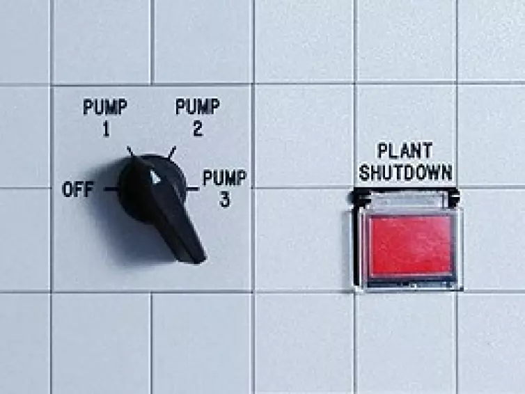 Mosaic mimic display showing button for 3 pumps and plant shutdown.