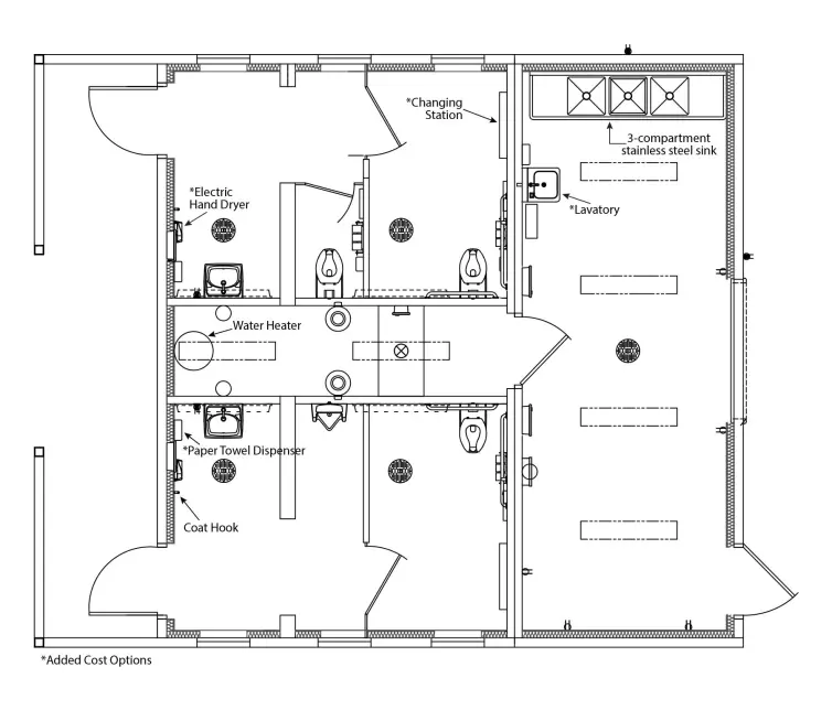 Plano de los aseos/concesionarios de hormigón Malibu.